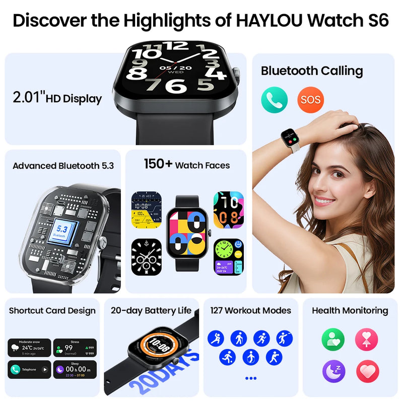 HAYLOU Watch S6 Smartwatch 2.01" HD Display Smart Watch Bluetooth Voice Callings IP68 Waterproof Fitness Tracking Smartwatch